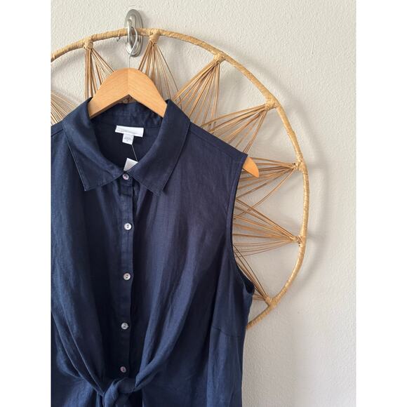NWT J Jill Love Linen Navy Blue Shirt Dress Button Front Tie Pockets Midi XL - Picture 7 of 13